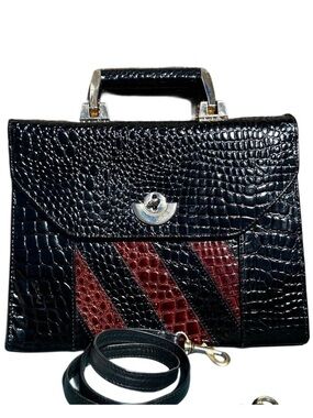 MICHELLE GENUINE LEATHER 80’s Croc-Embossed Black Burgundy Handle Satchel Strap